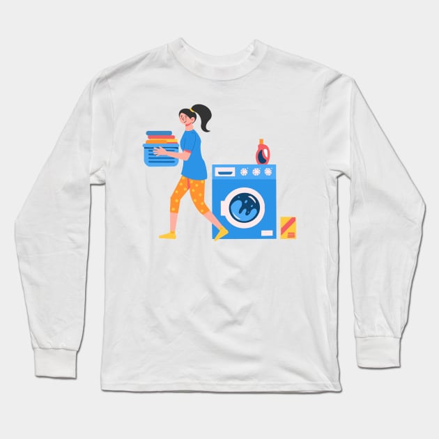 Hand Drawn "Woman In Laundry" Long Sleeve T-Shirt by Saestu Mbathi